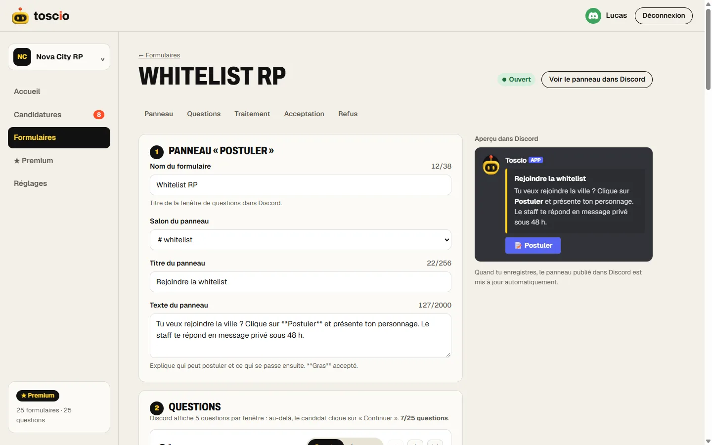 Toscio dashboard form editor